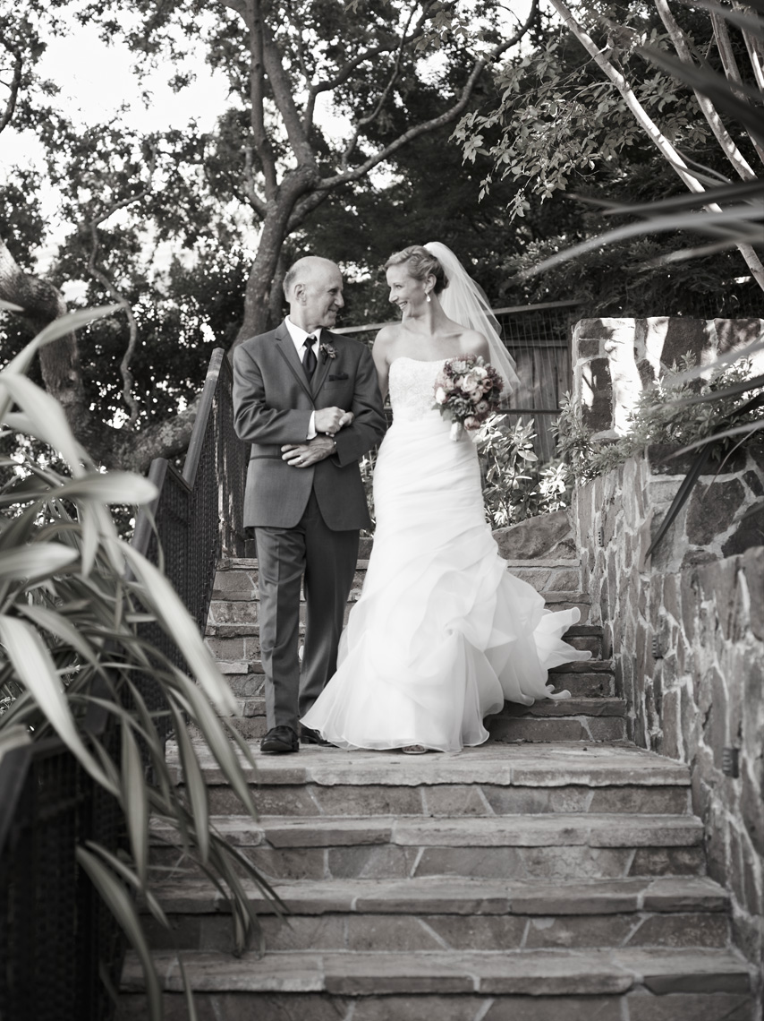 Bride and father walk to ceremony at private estate in Palo Alto, California